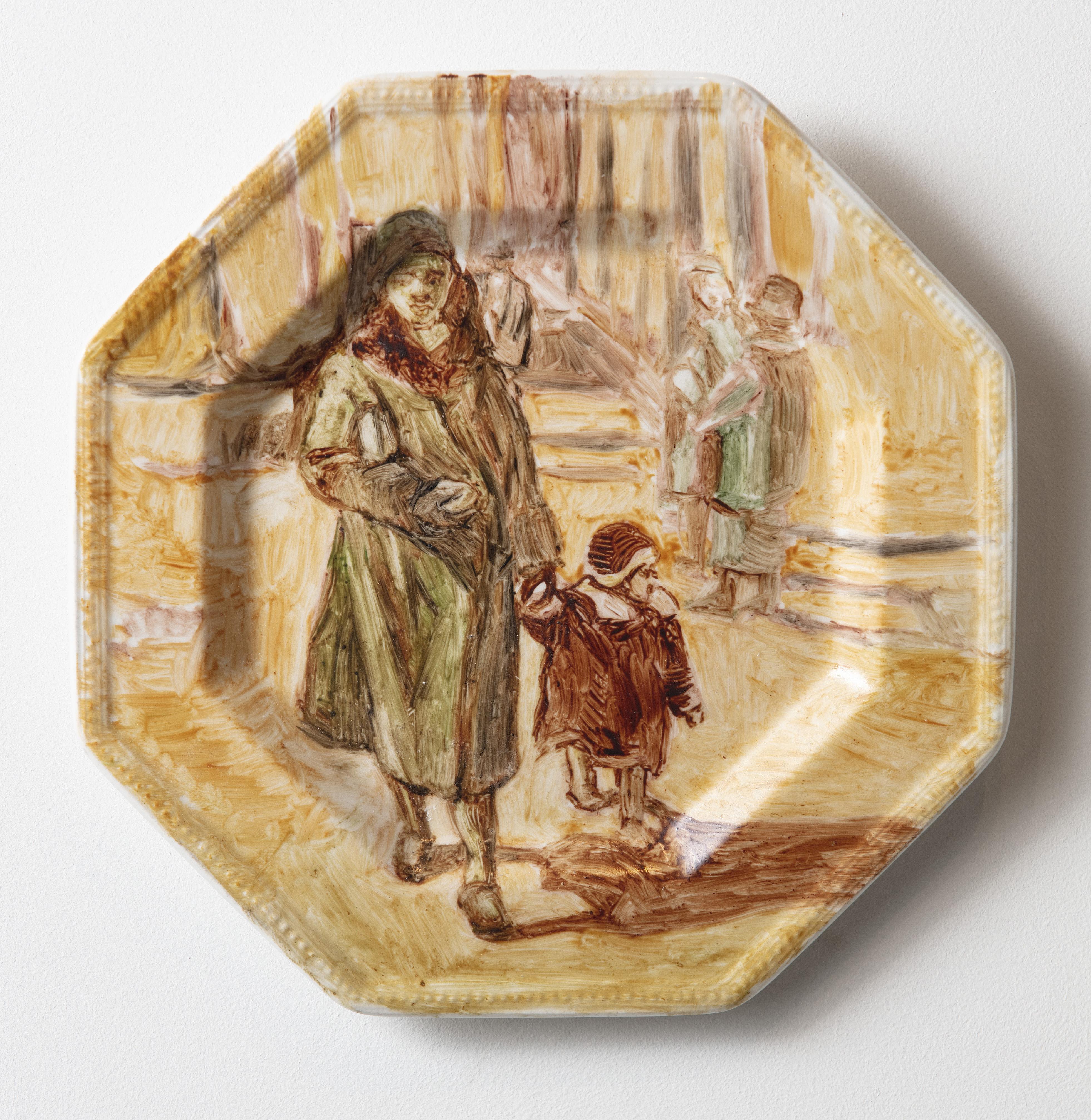 Onglaze portrait painting on a second hand ceramic plate based on a family photograph.