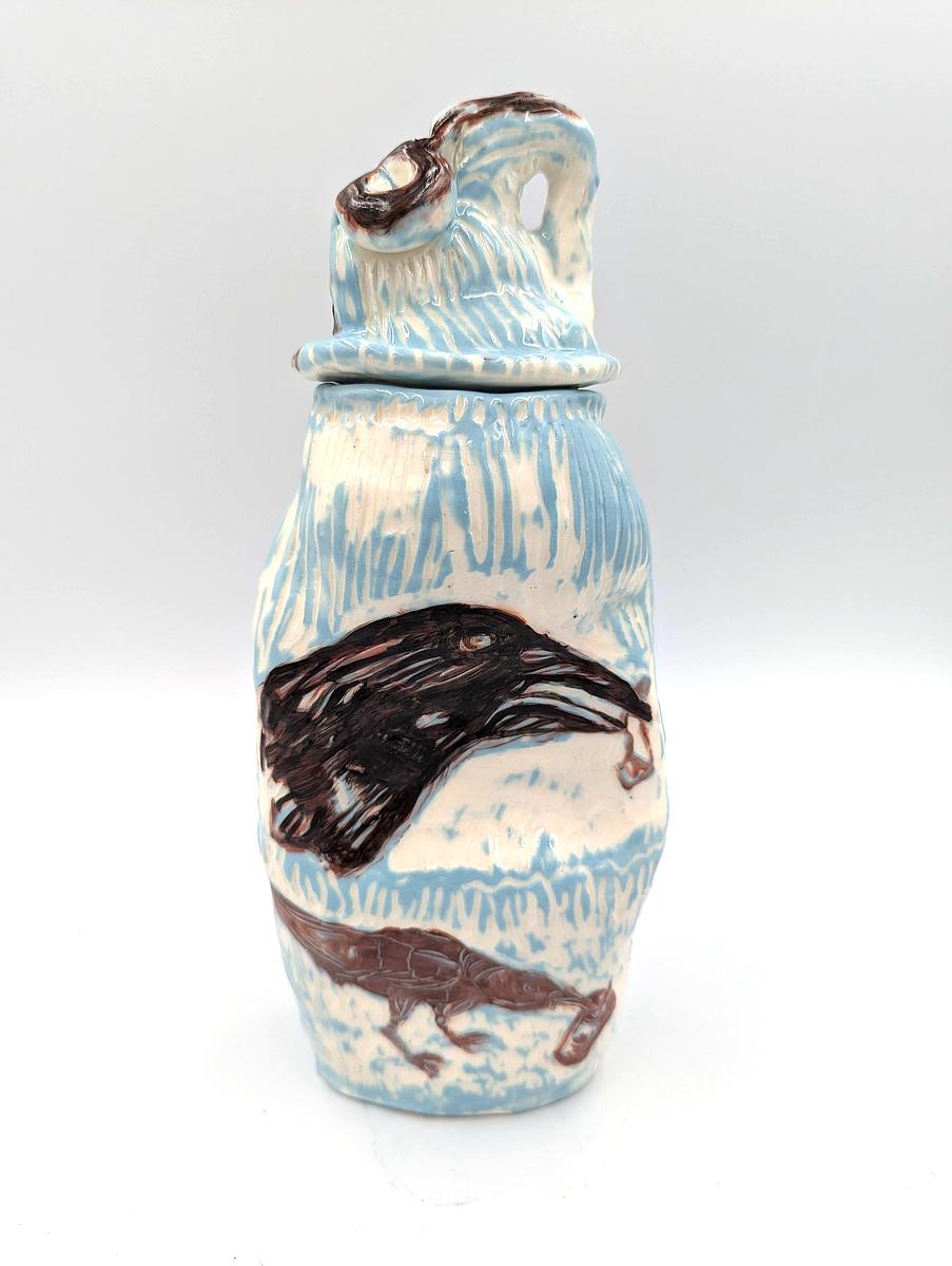 Hand built, coloured slip porcelain, sgraffito with onglaze