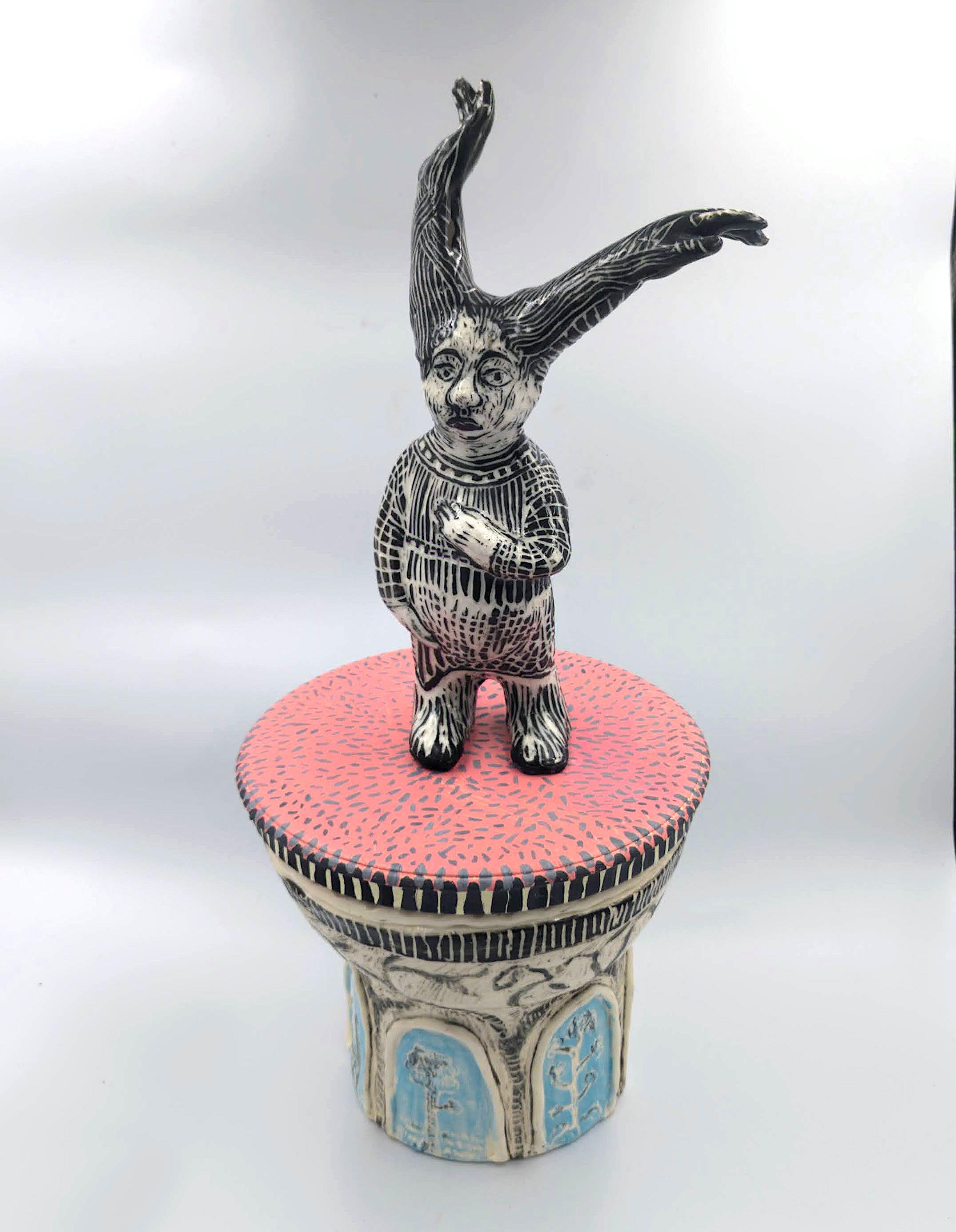 coloured slip, sgraffito,wood painted wiht acrylic paint sculpture 