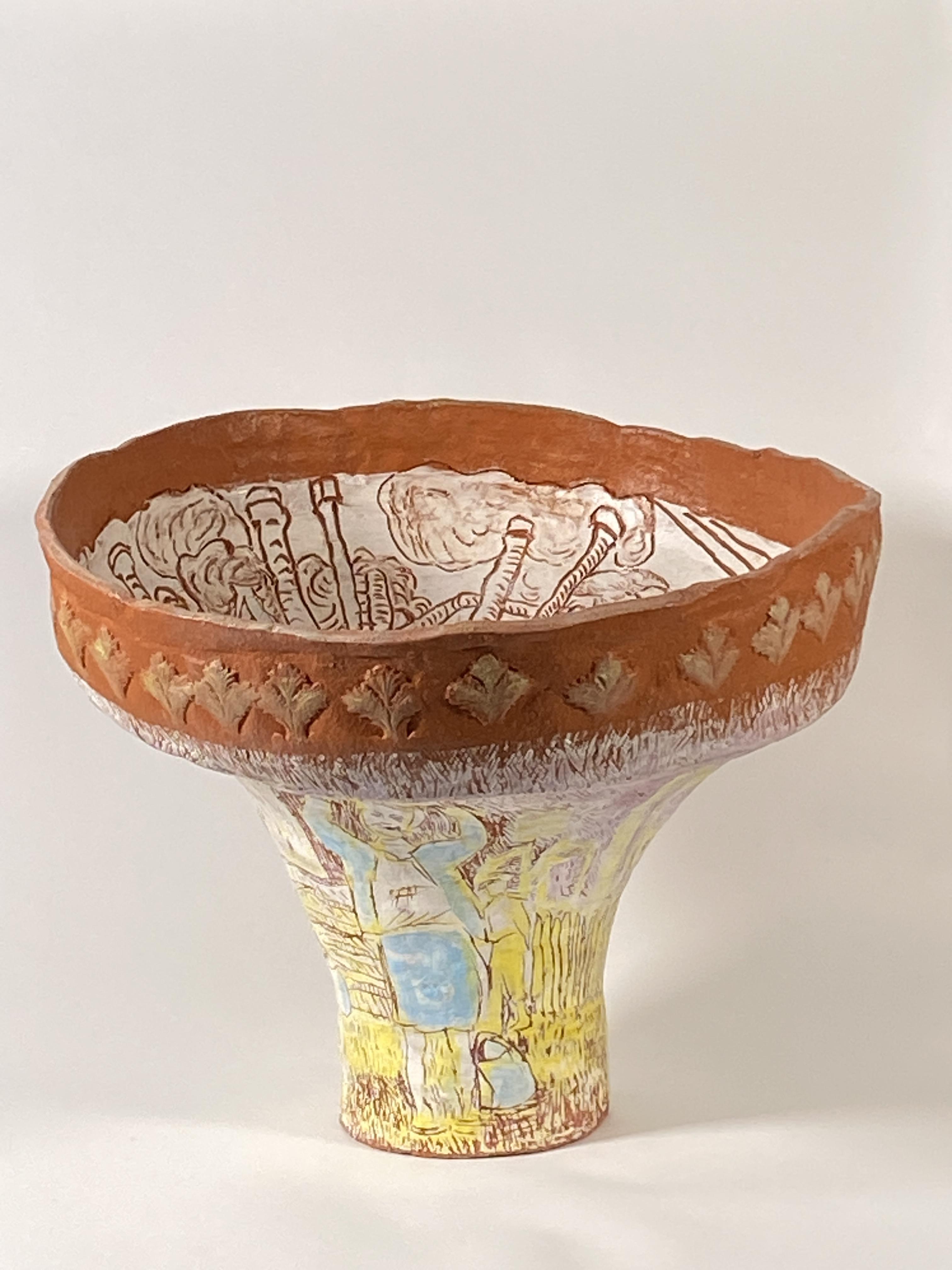 slip cast clay with underglaze and  sgraffito