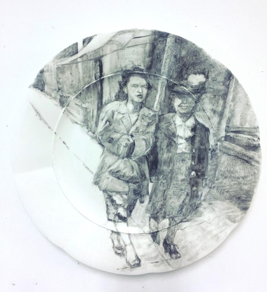 Onglaze portrait painting on a second hand ceramic plate based on a family photograph.