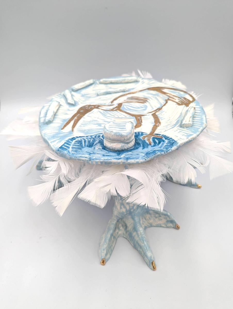 Porcelain clay hand built, plate blue slip, sgraffito & gold lustre