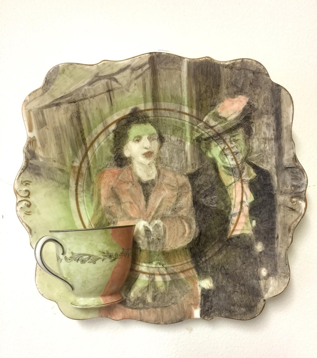 Onglaze portrait painting on a second hand ceramic plate based on a family photograph.