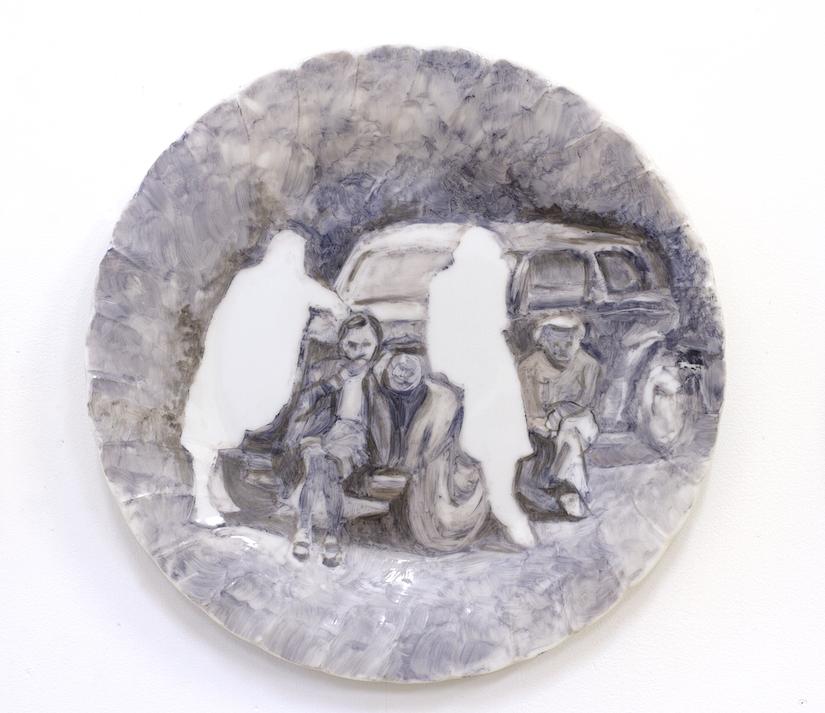 Onglaze portrait painting on a second hand ceramic plate based on a family photograph.