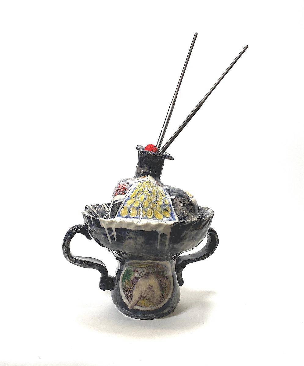 Ceramic handbuilt clay terrine with images painted on it