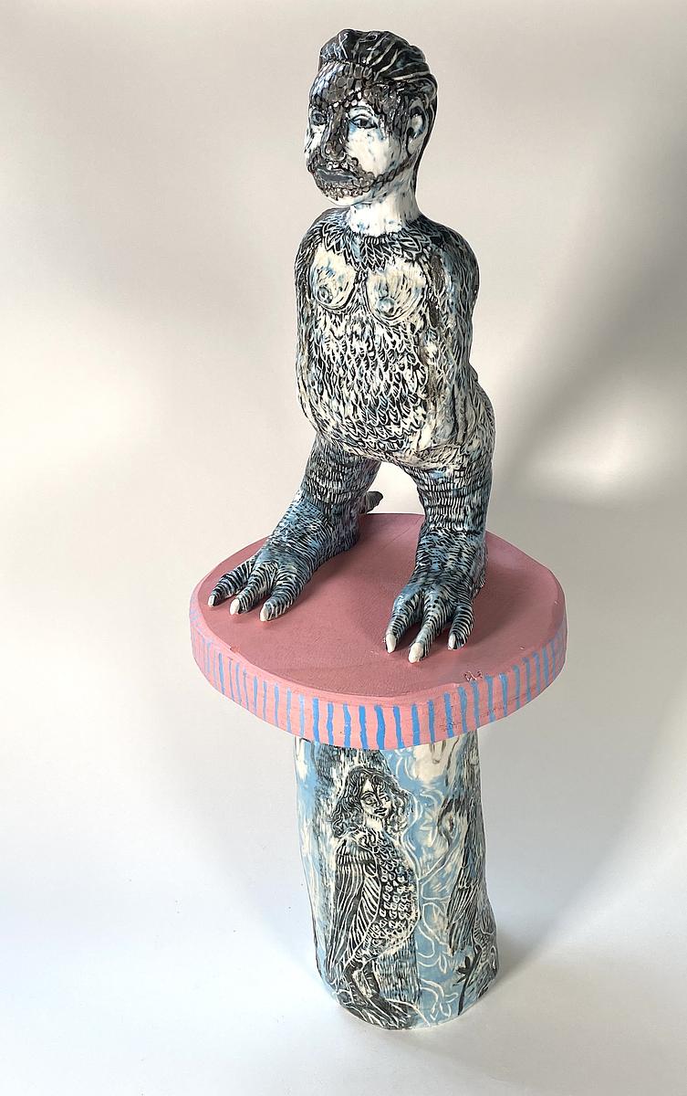 slip cast, coloured slip and hand built plinth cold paint and sgraffito