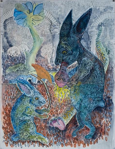 mixed media, watercolour, medieval art, hares