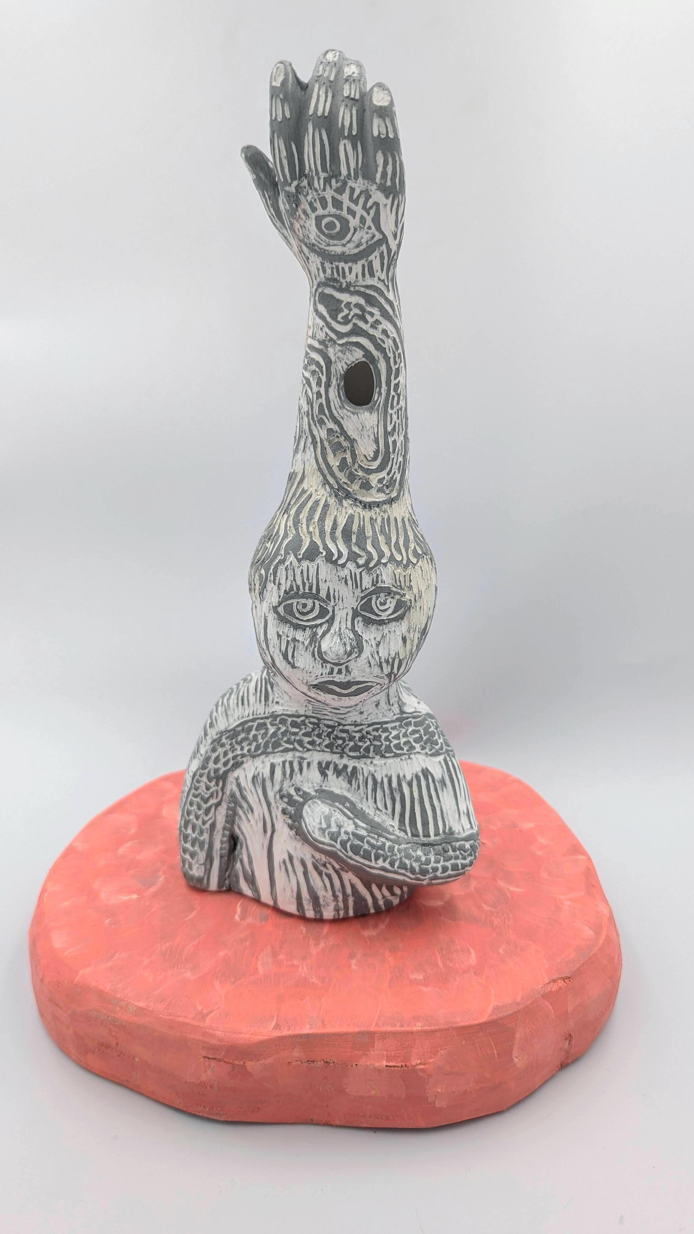 Slip cast sculpture Sgraffito on coloured slip on pink wood base with acrylic paint 