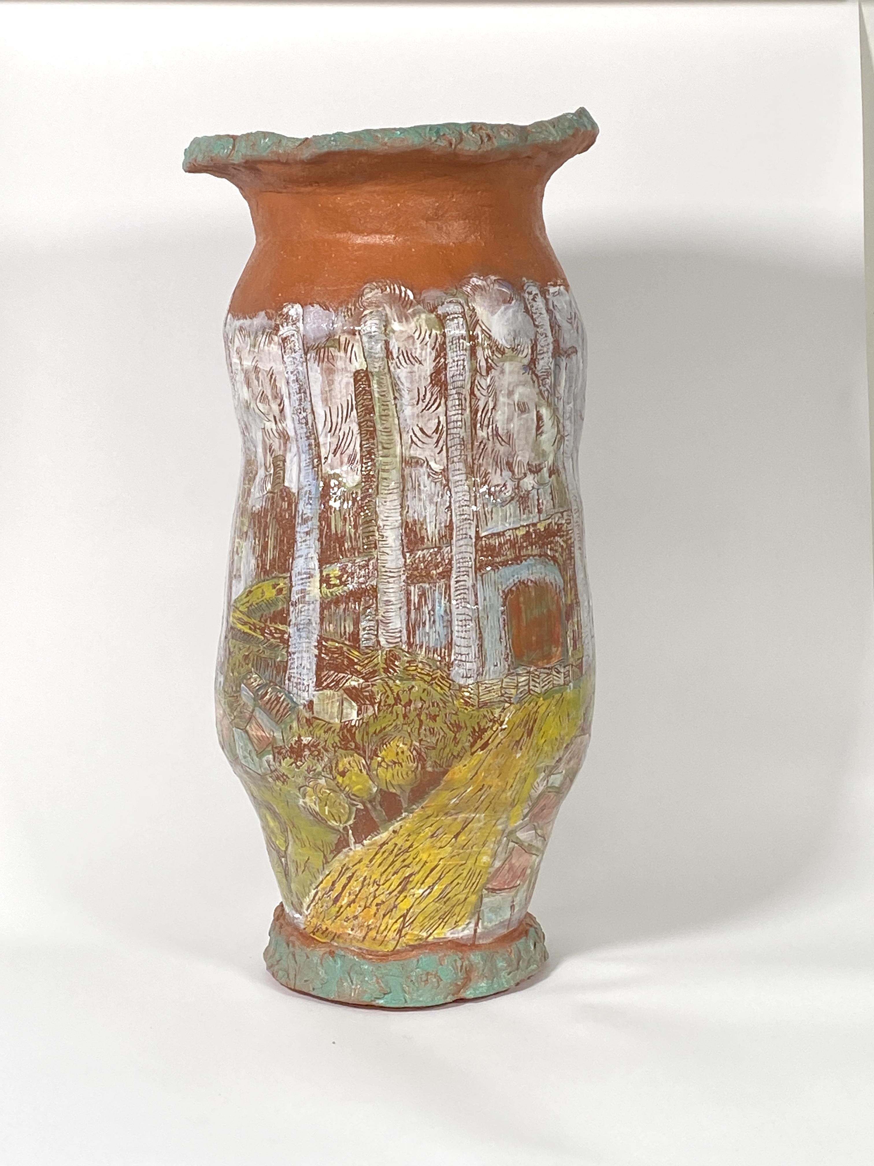 Hand built with underglaze and sgraffito