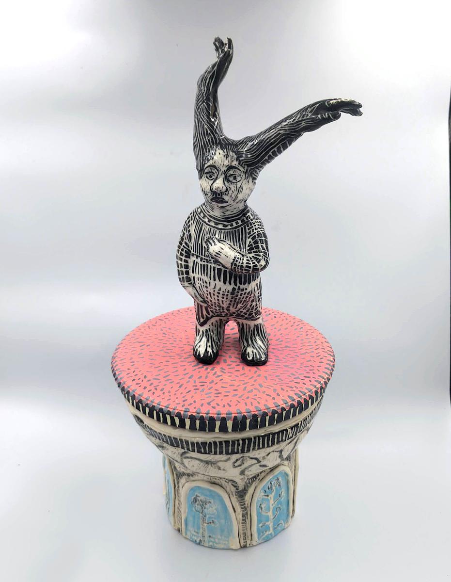 coloured slip, sgraffito,wood painted wiht acrylic paint sculpture 