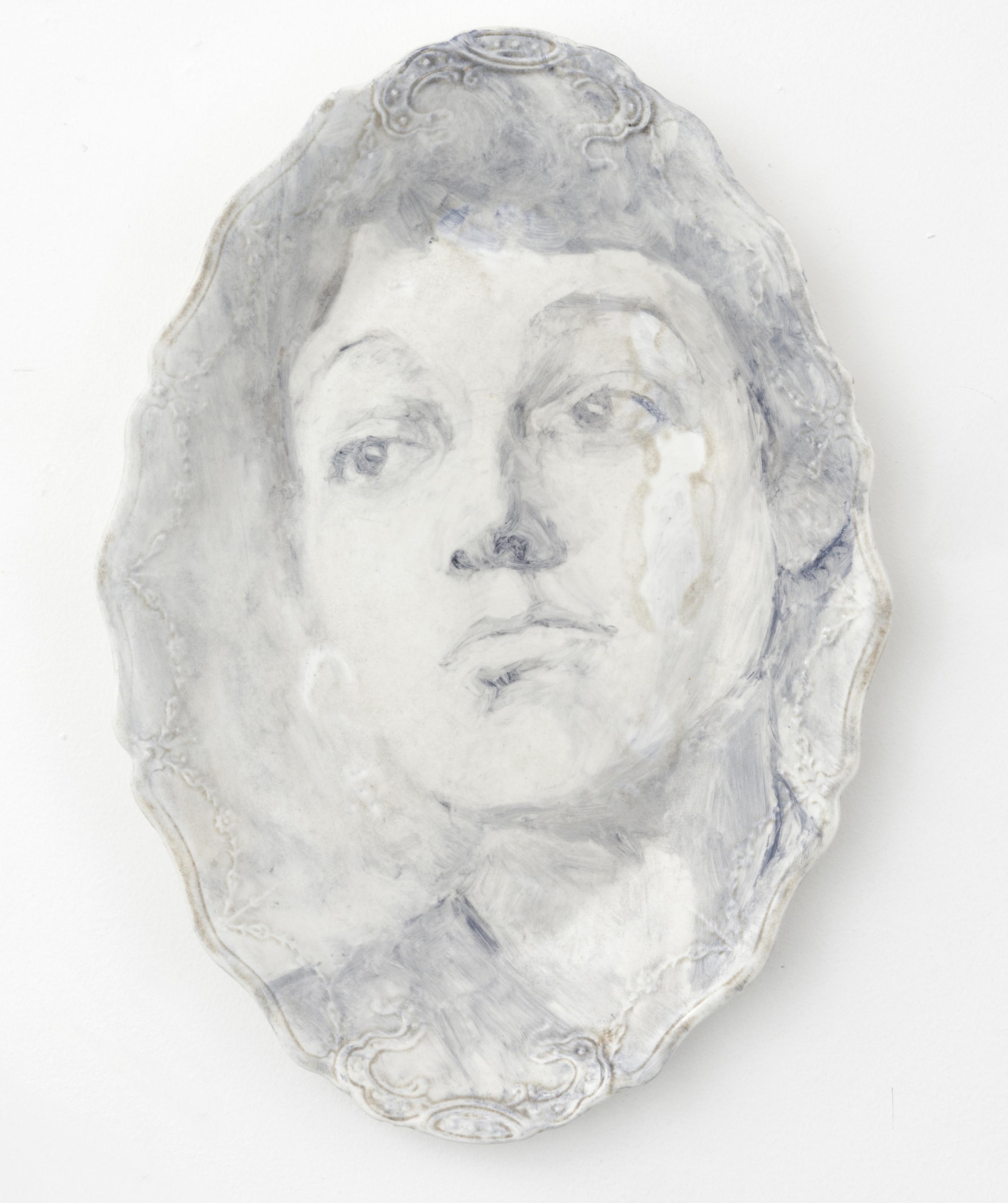 Onglaze portrait painting on a second hand ceramic plate based on a family photograph.