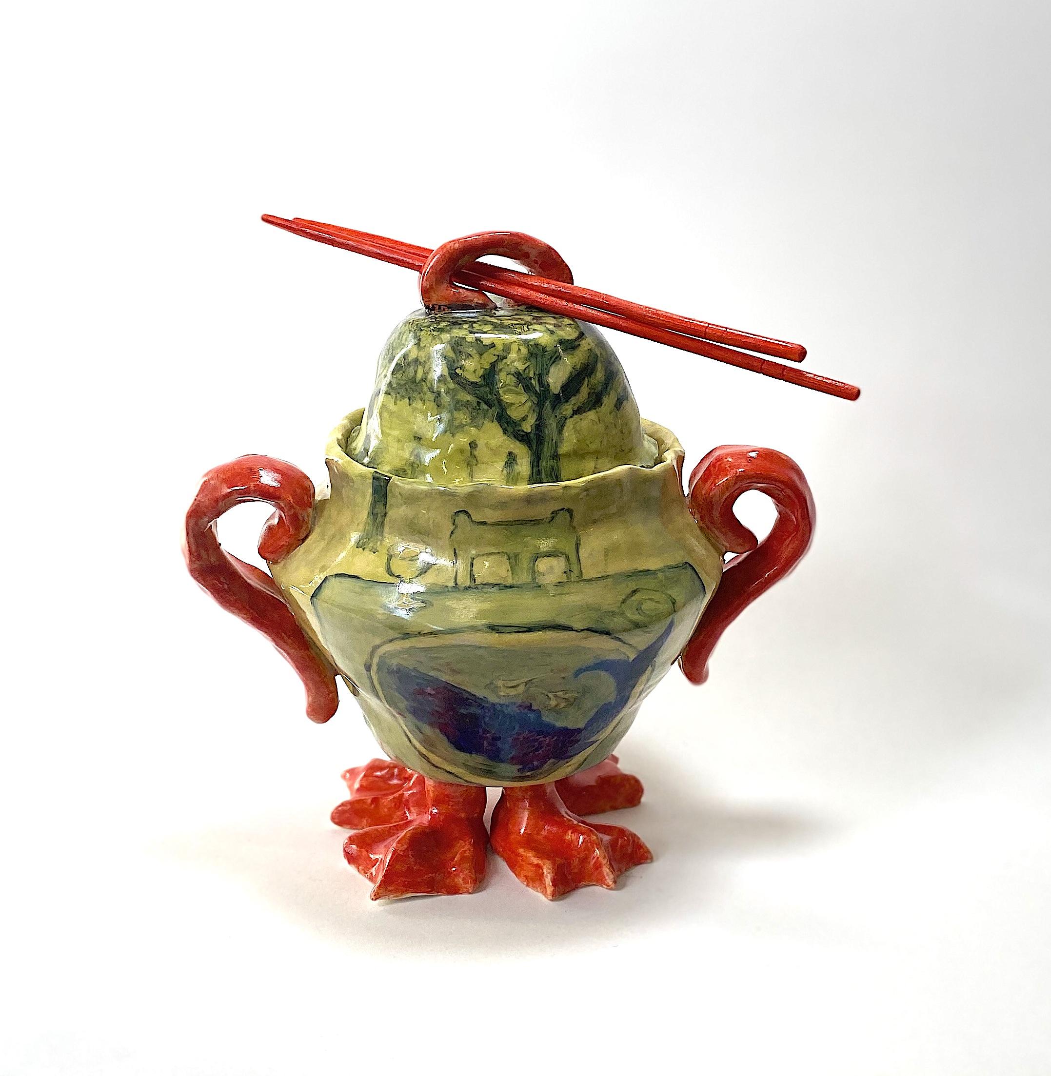 hand made clay terrine with glaze, hand painted underglaze onglaze.