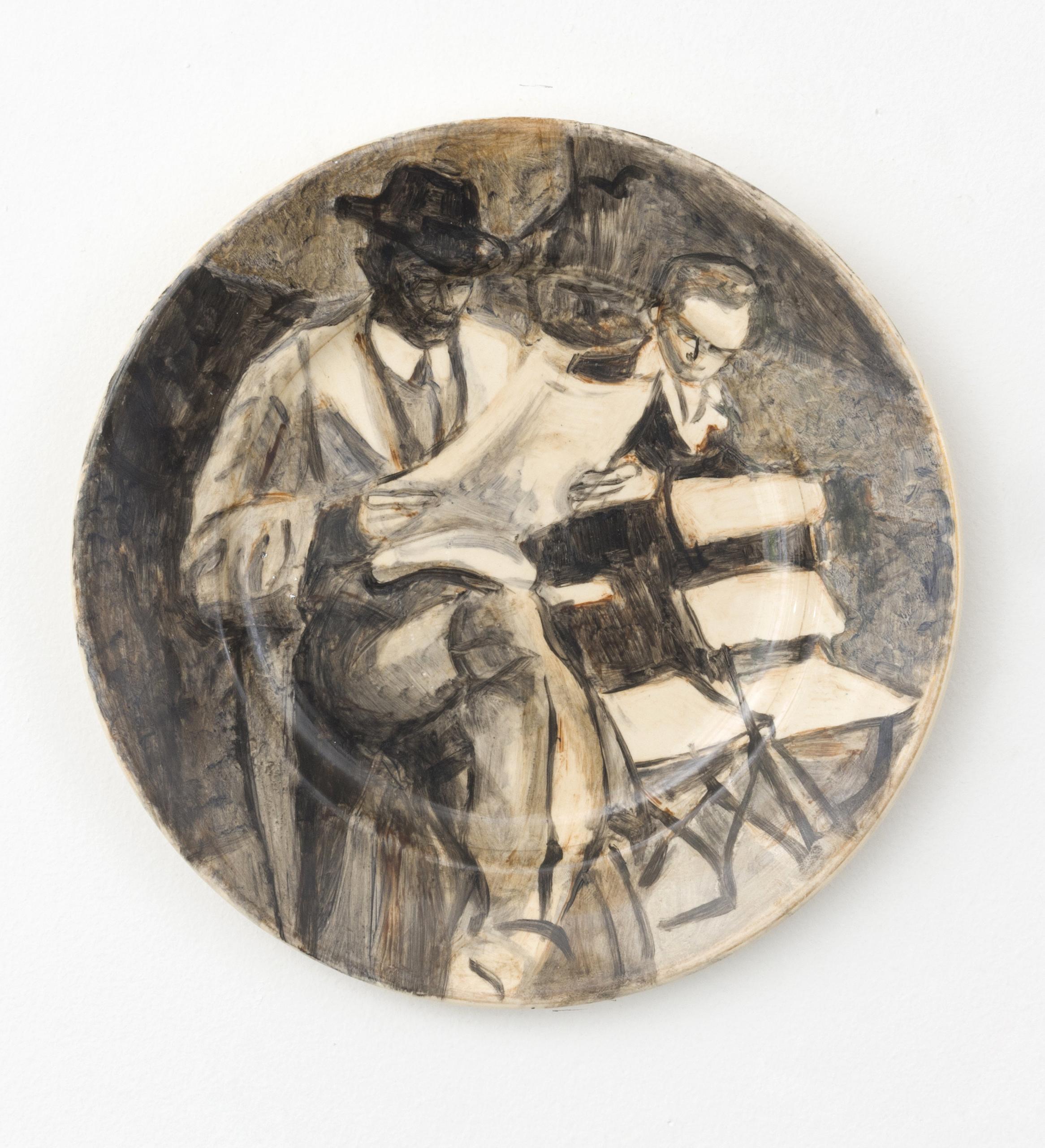 Onglaze portrait painting on a second hand ceramic plate based on a family photograph.
