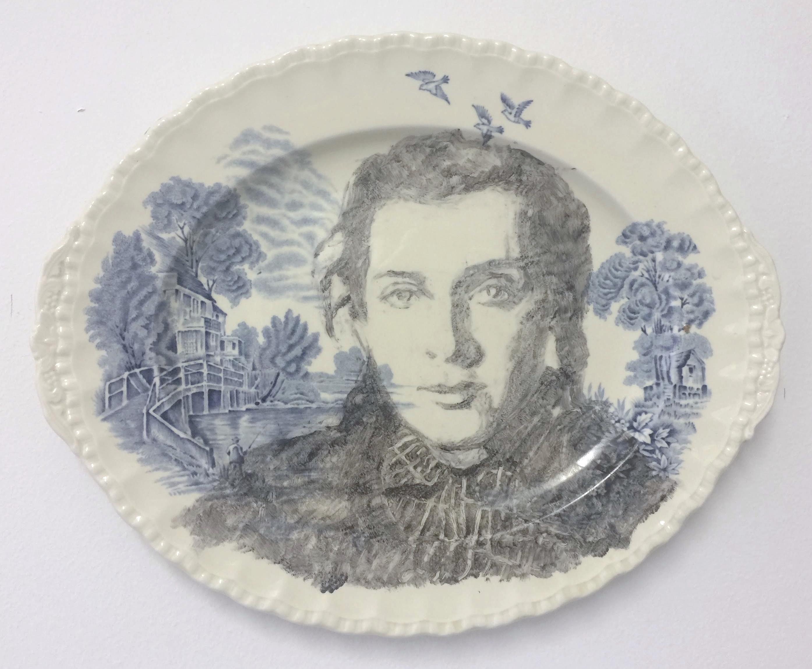 Onglaze portrait painting on a second hand ceramic plate based on a family photograph.