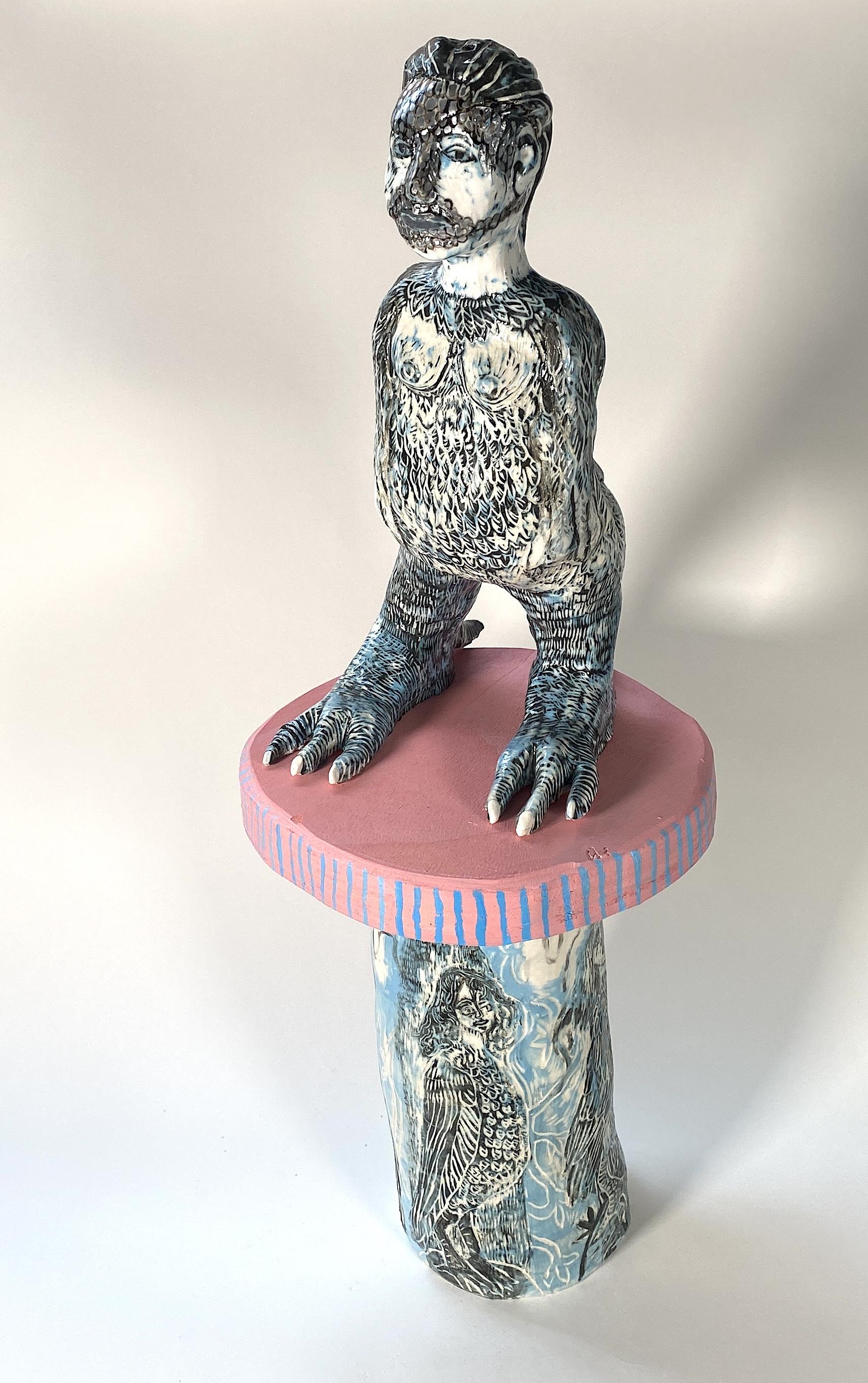 slip cast, coloured slip and hand built plinth cold paint and sgraffito