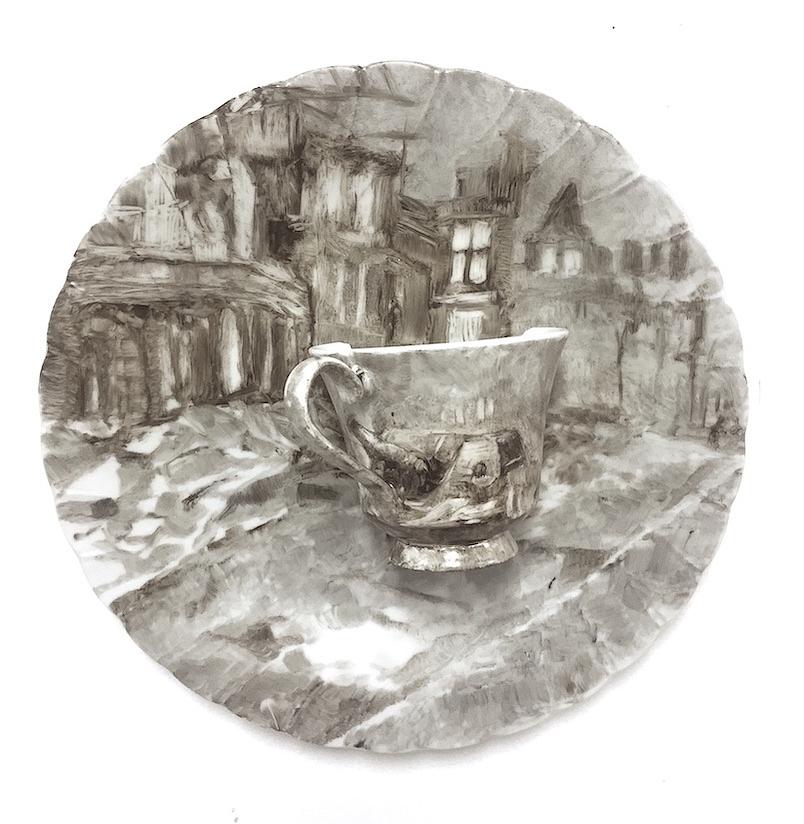 Onglaze portrait painting on a second hand ceramic plate based on a family photograph.